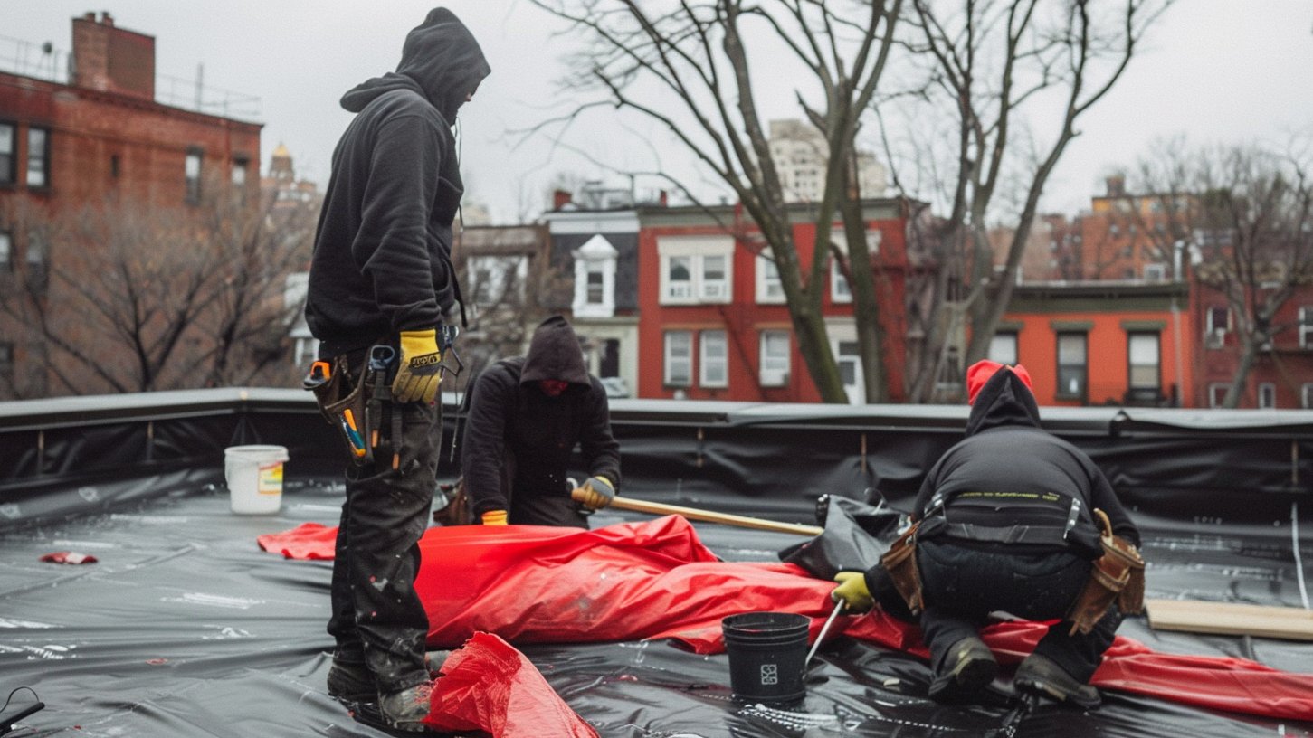 Flat roof repair in progress on a Brooklyn roof, a roofer sealing a patch over the existing membrane