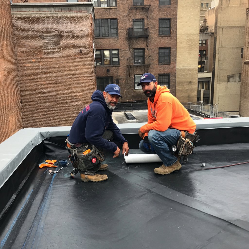 BST Roofers crew working on the flat roof of a Brooklyn office and retail building