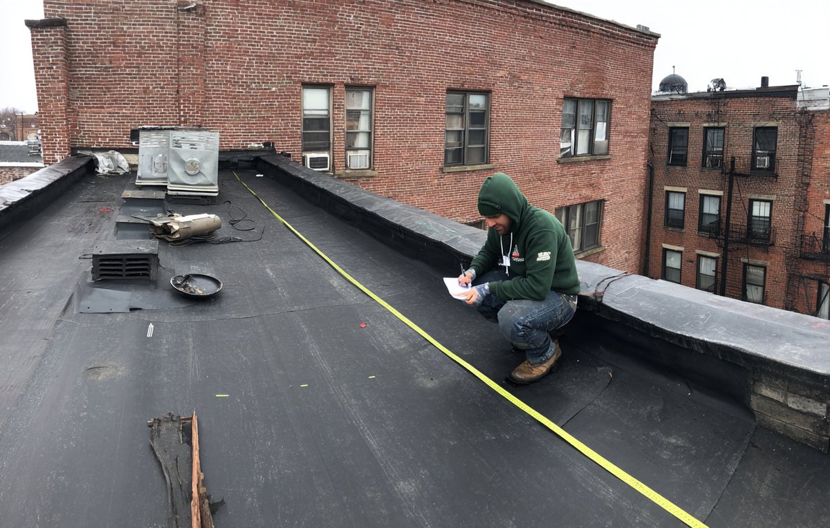 Flat roof of a Brooklyn commercial building measured for a replacement estimate