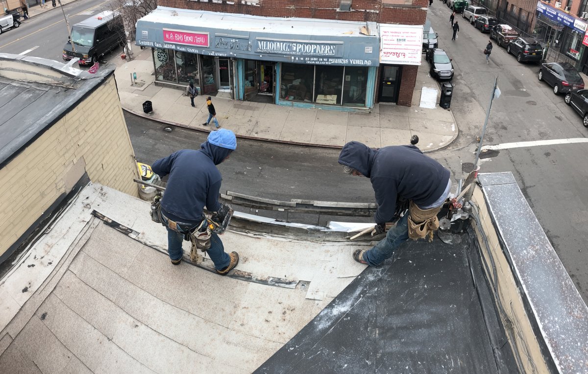 BST Roofers crew repairing a commercial flat roof in Brooklyn while the storefront below stays open