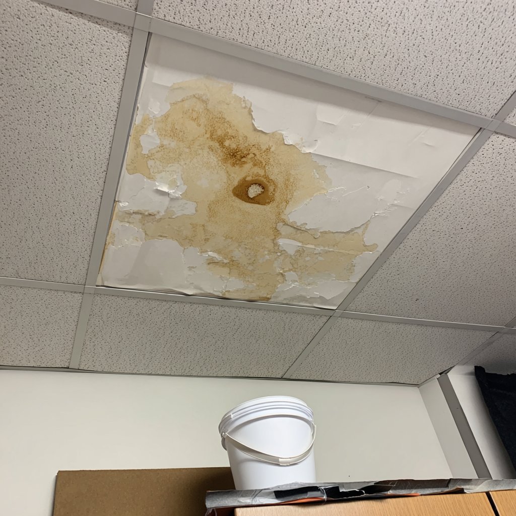 Drip containment with plastic sheeting and a bucket inside a Brooklyn office under a roof leak