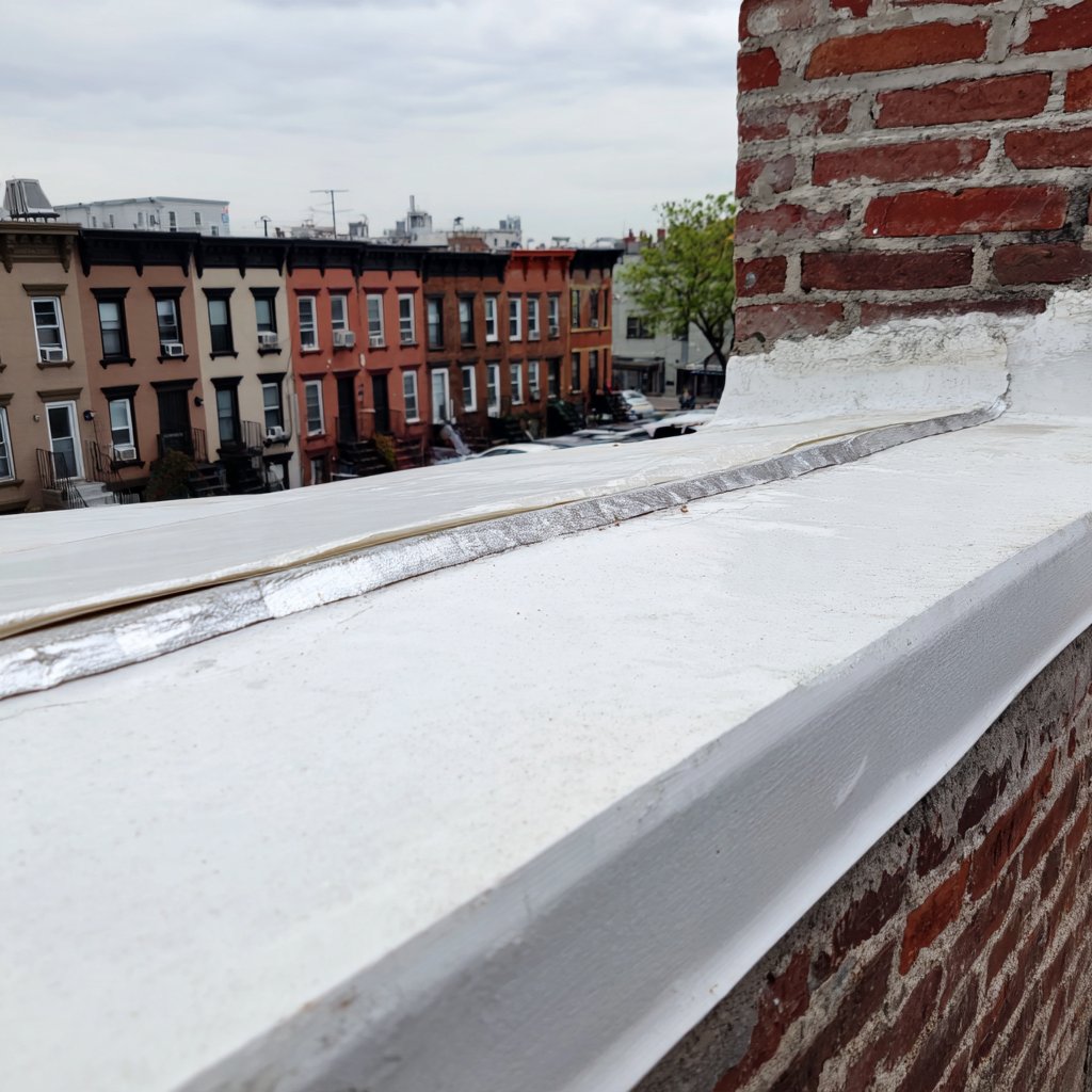 White TPO membrane on a Brooklyn commercial flat roof with a re-welded seam