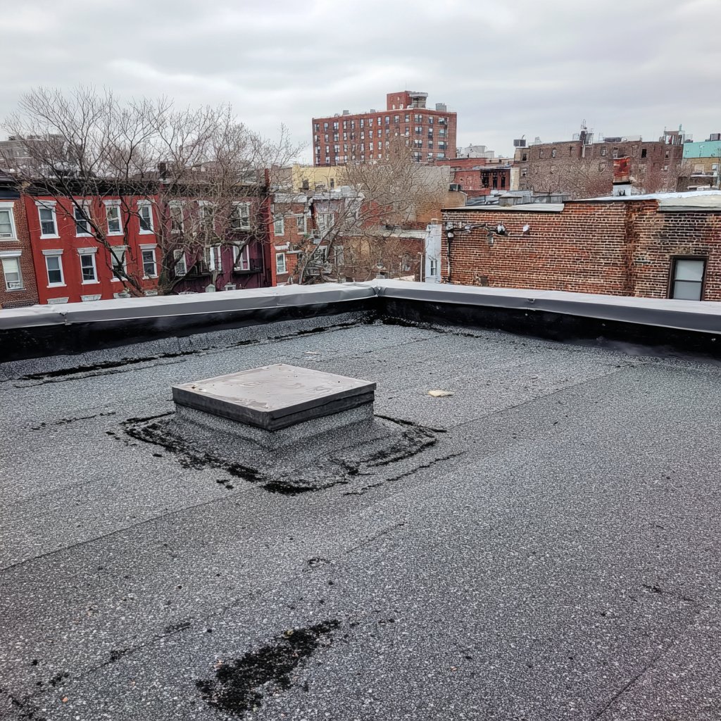 Modified bitumen cap sheet on a Brooklyn commercial roof with a torched-on patch over a cut-out blister