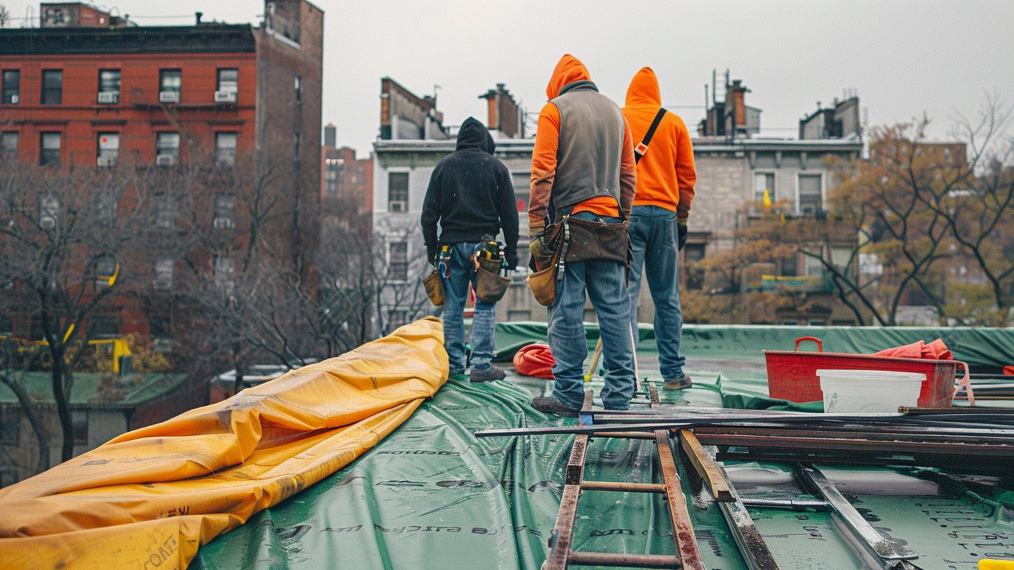 Flat commercial roof on a Brooklyn building, measured on site for a replacement estimate