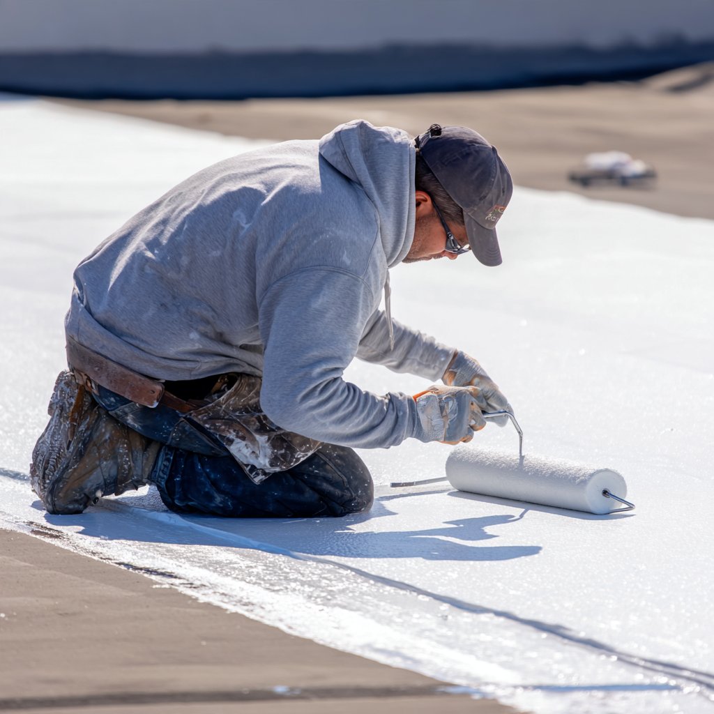 Close-up of a BST Roofers crew member rolling white acrylic coating over a roof seam