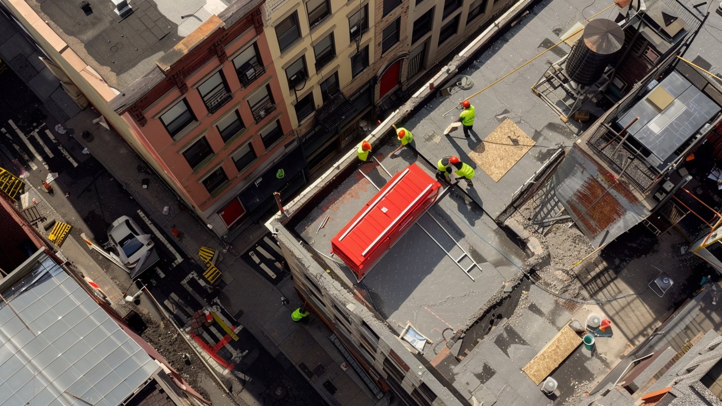 Commercial flat roof replacement in progress on a Brooklyn building