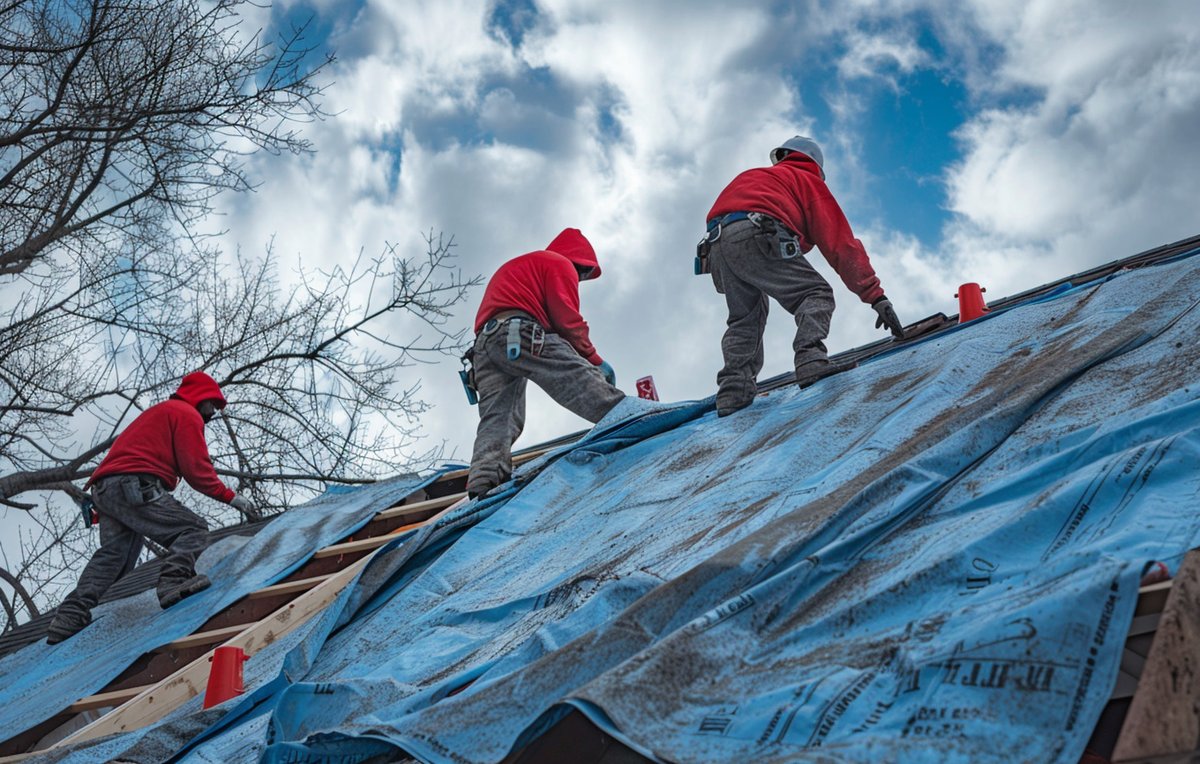 Roofing crew removing old membrane layers during a tear-off