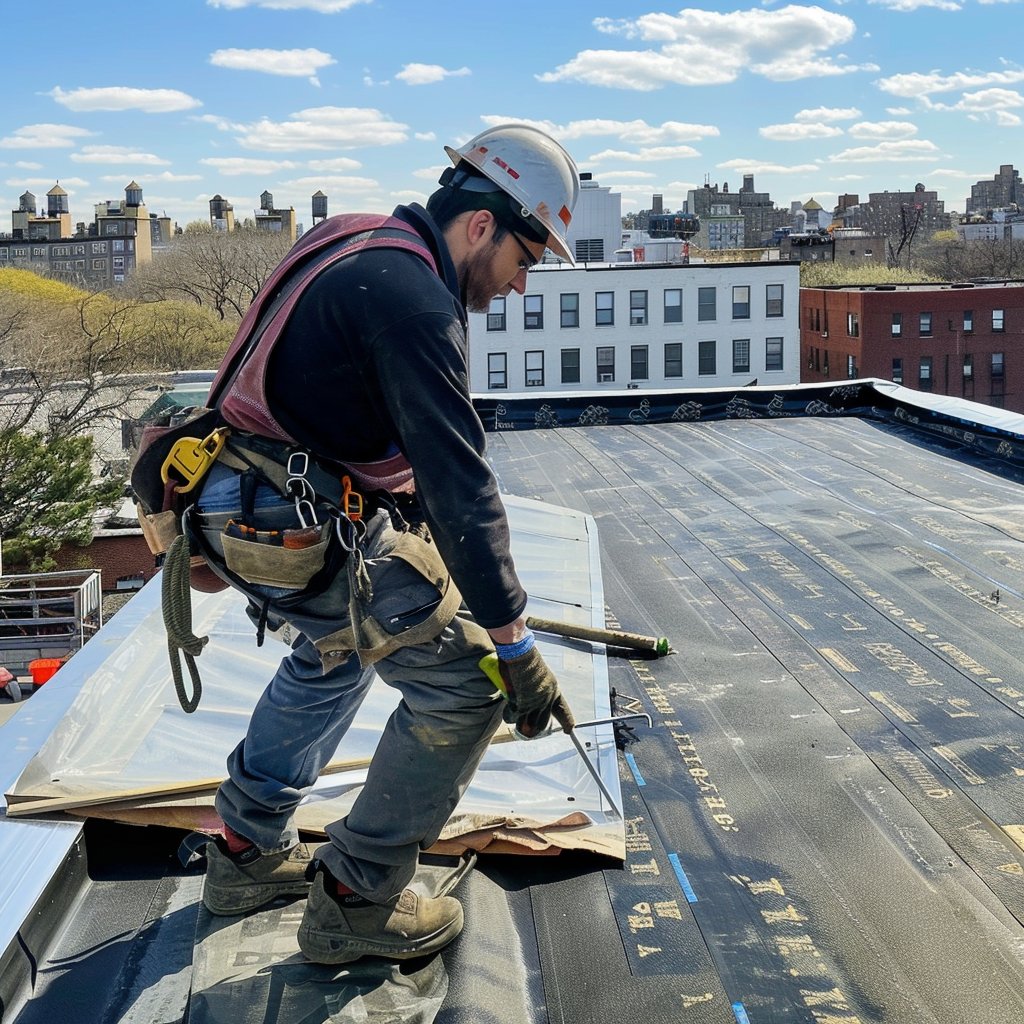 Roofing crew replacing one section of a commercial flat roof while the building stays open