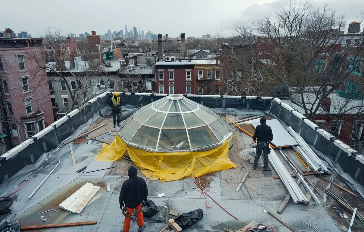 Aging commercial skylight dome over an open interior, the kind of unit that needs replacing