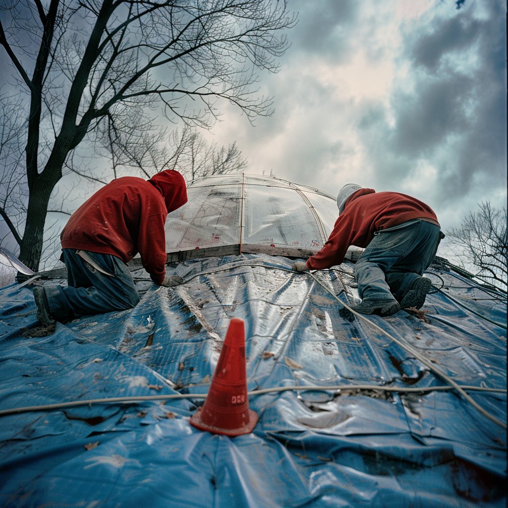 Close-up of a fogged, cracked polycarbonate skylight dome on a flat commercial roof