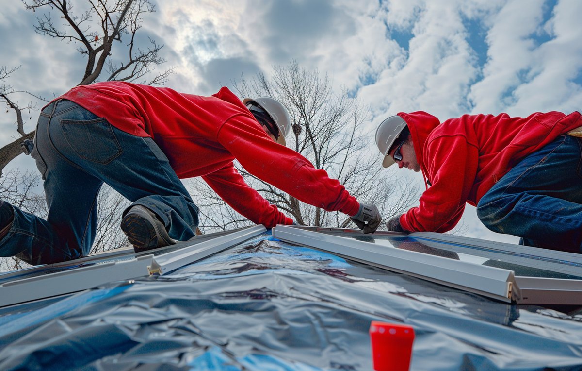 BST Roofers crew setting a new aluminum-framed commercial skylight onto its curb