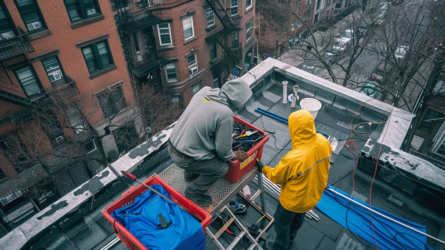 A BST Roofers crew member on a Brooklyn roof, ready to walk it for a free on-site estimate