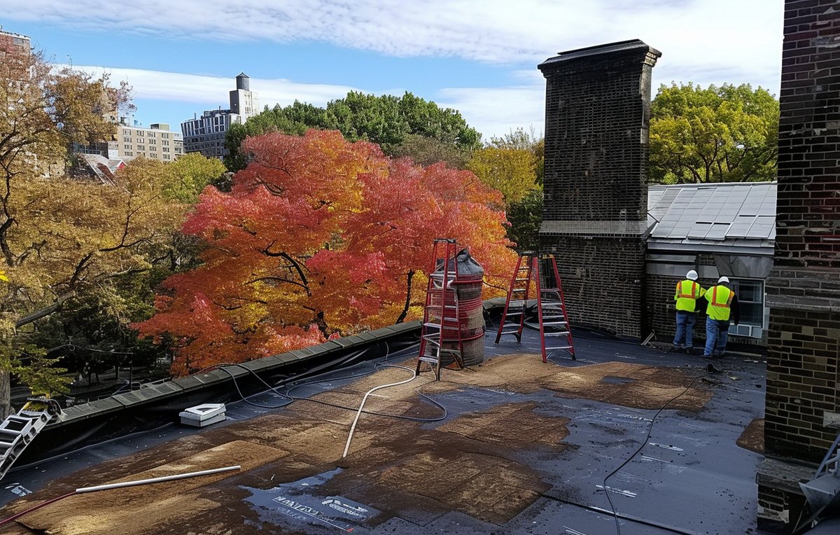 Roof mid-build with insulation and membrane going down