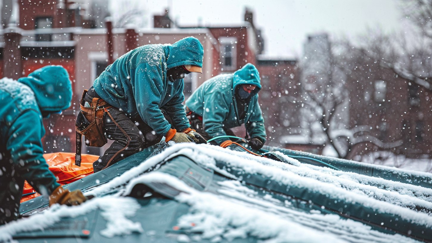 Flat EPDM rubber roof on a Brooklyn row house, with seams, parapet flashing and a drain where a leak is being traced