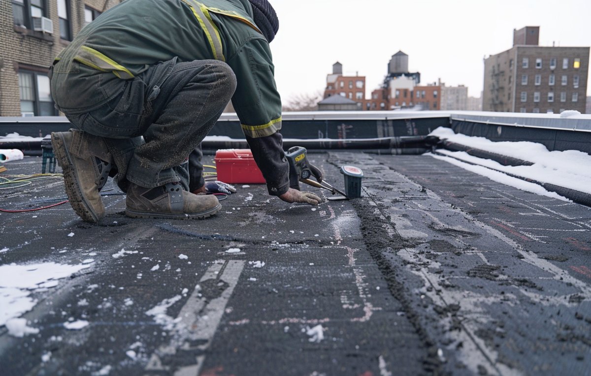 BST Roofers crew on a Brooklyn flat roof checking an EPDM seam and the insulation beneath it
