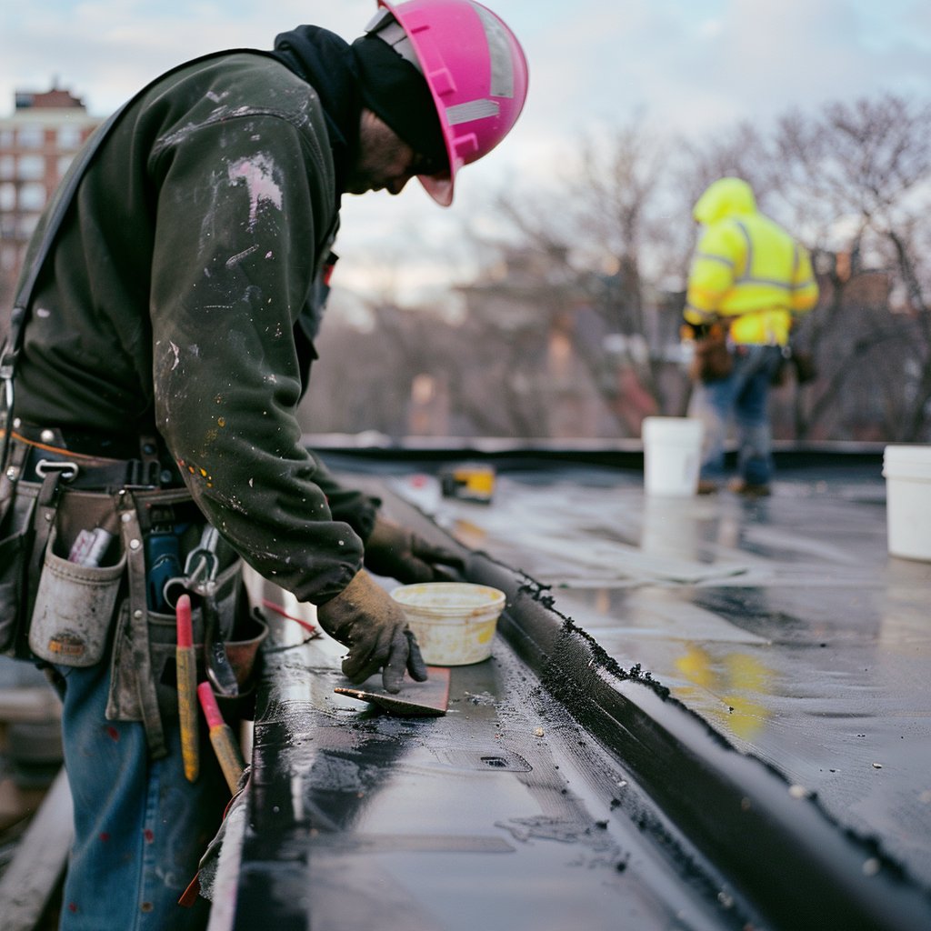 Close view of an EPDM seam and flashing being checked during an inspection