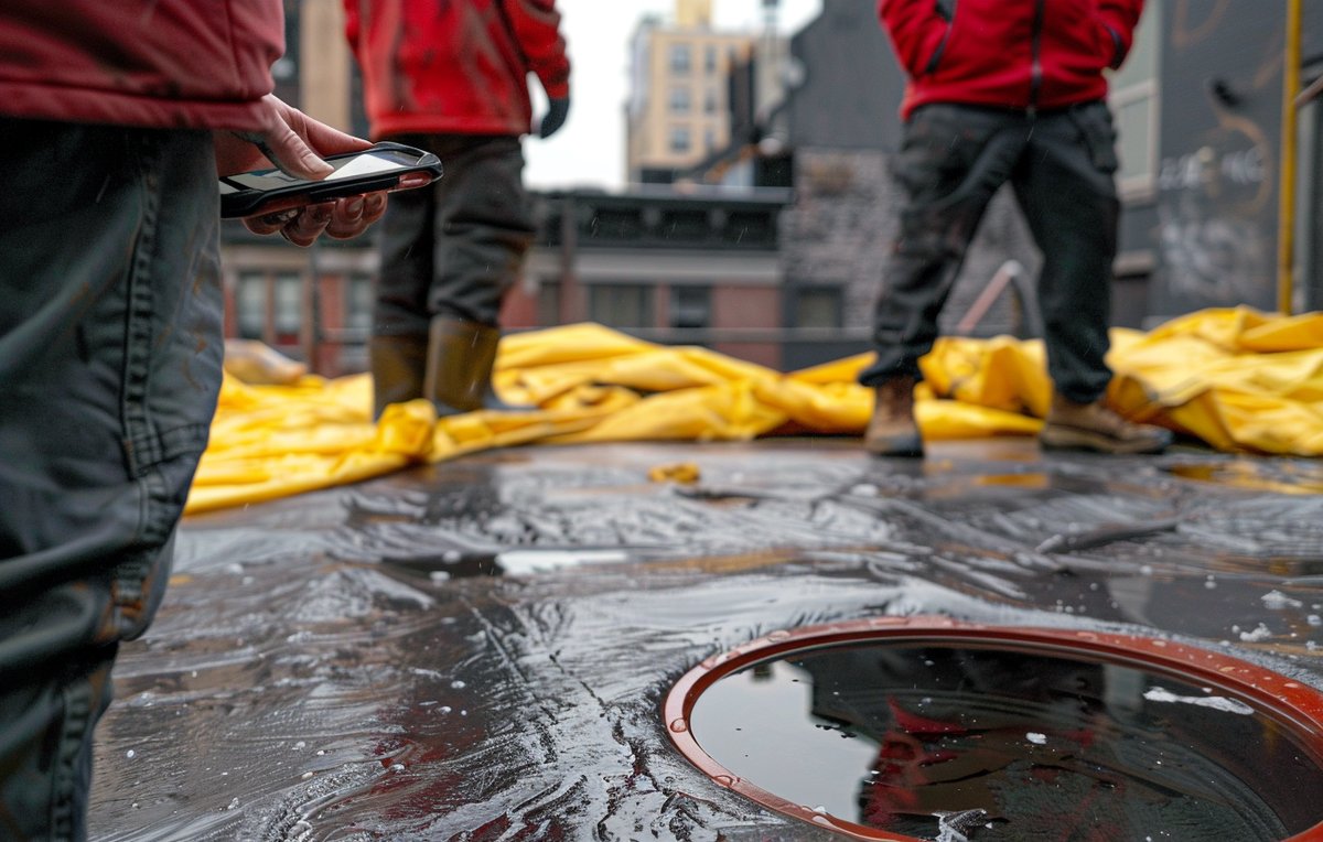 Ponding water beside a clogged drain on a flat EPDM roof