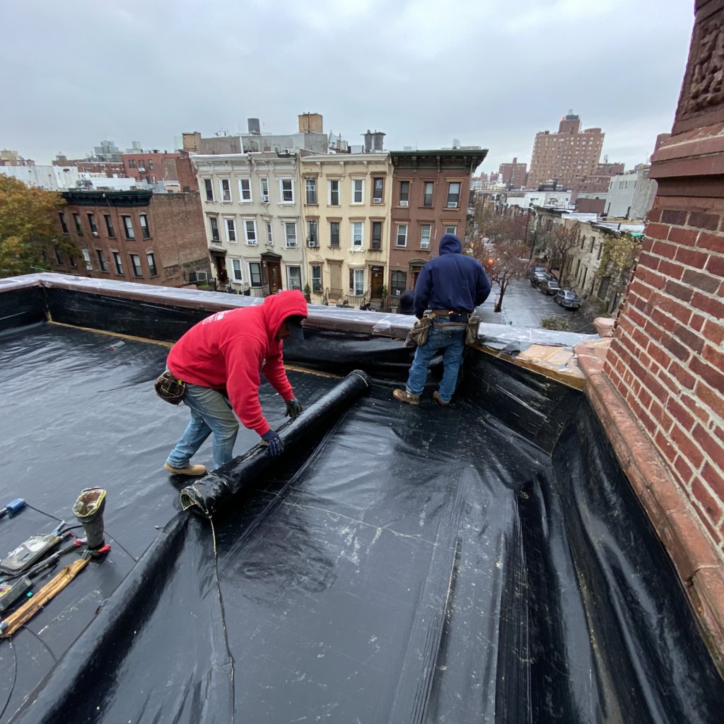 BST Roofers crew rolling out a new EPDM rubber membrane on a Brooklyn brownstone roof