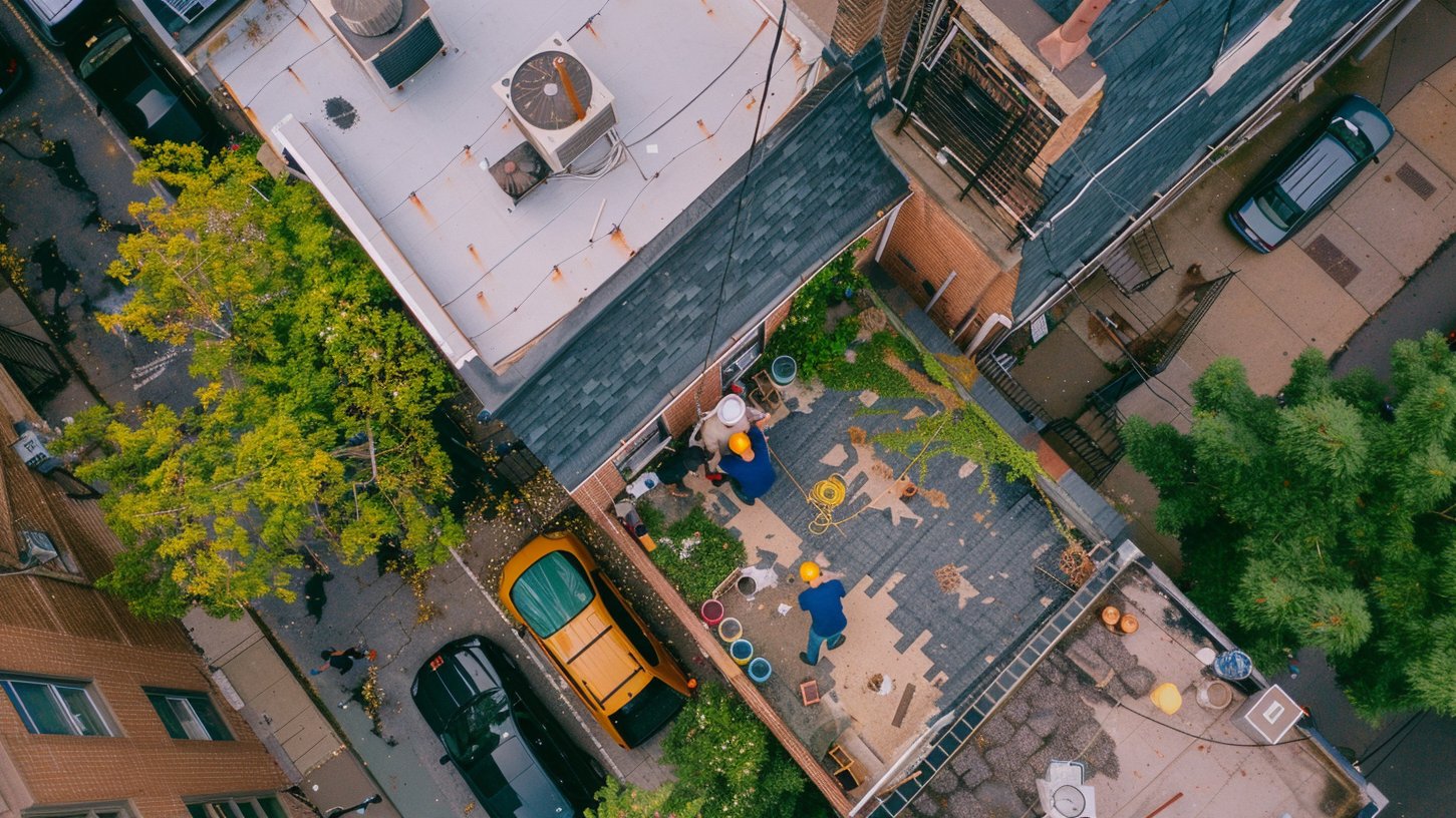 A Brooklyn roof mid-replacement, new shingles laid over half the deck