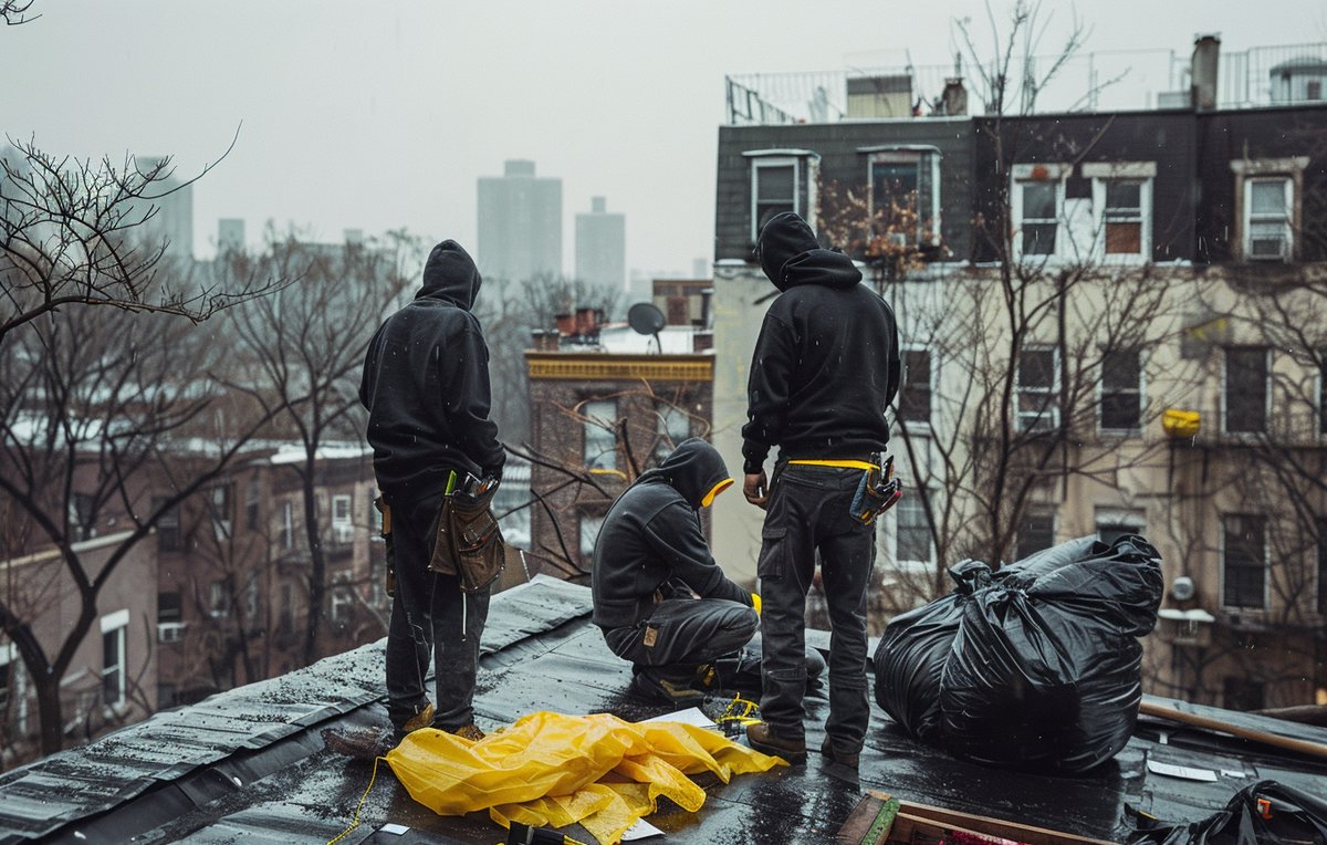 BST Roofers estimator reviewing a written roof replacement price with a Brooklyn homeowner