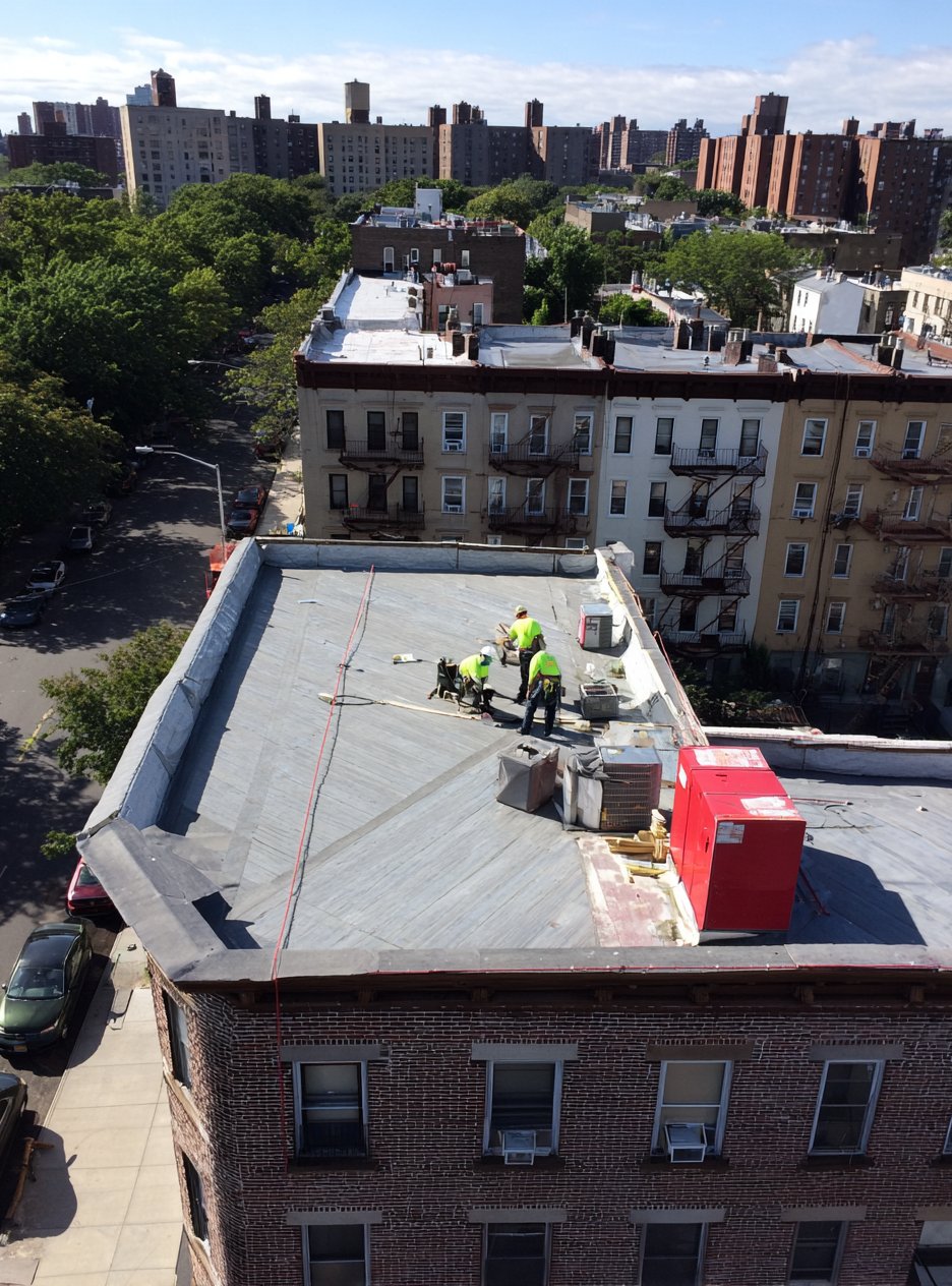 A Brooklyn house with a flat concrete tile roof, the tile courses running in even rows to the ridge