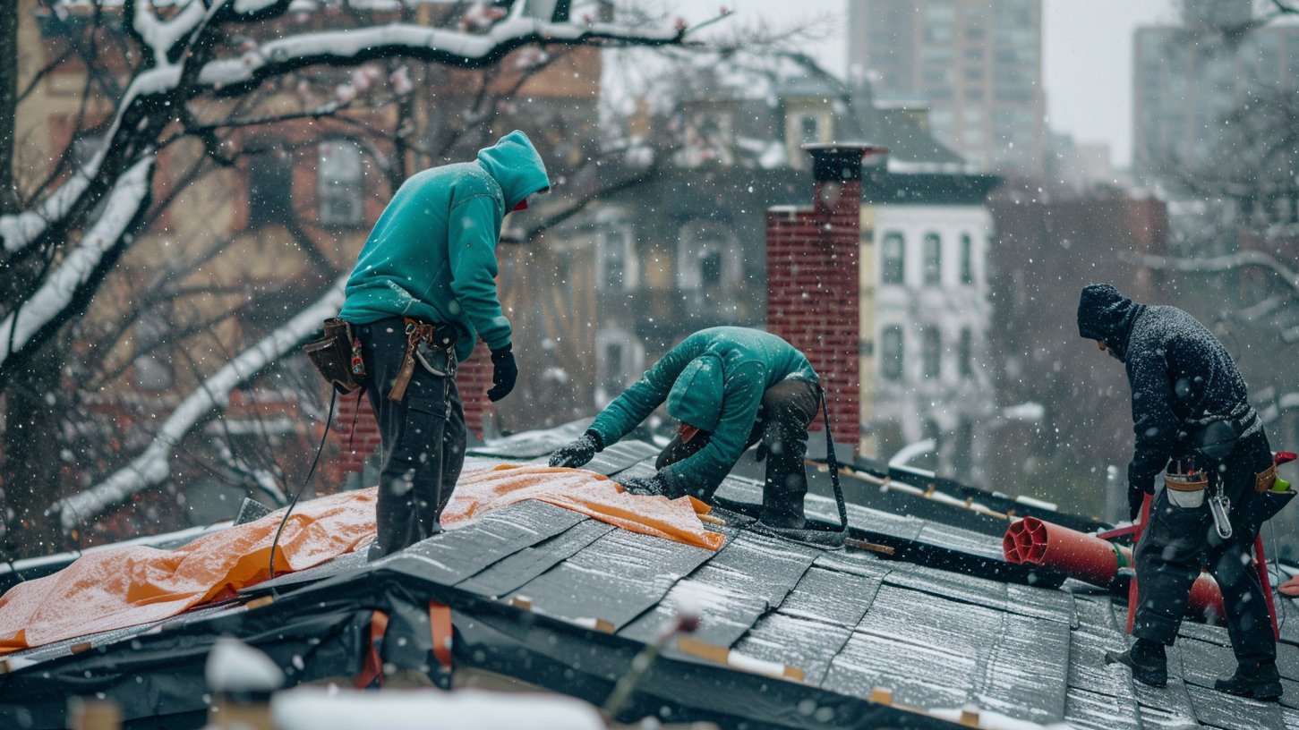 Black EPDM rubber flat roof on a Brooklyn row house just after a hailstorm, with ice pellets and small bruises across the membrane