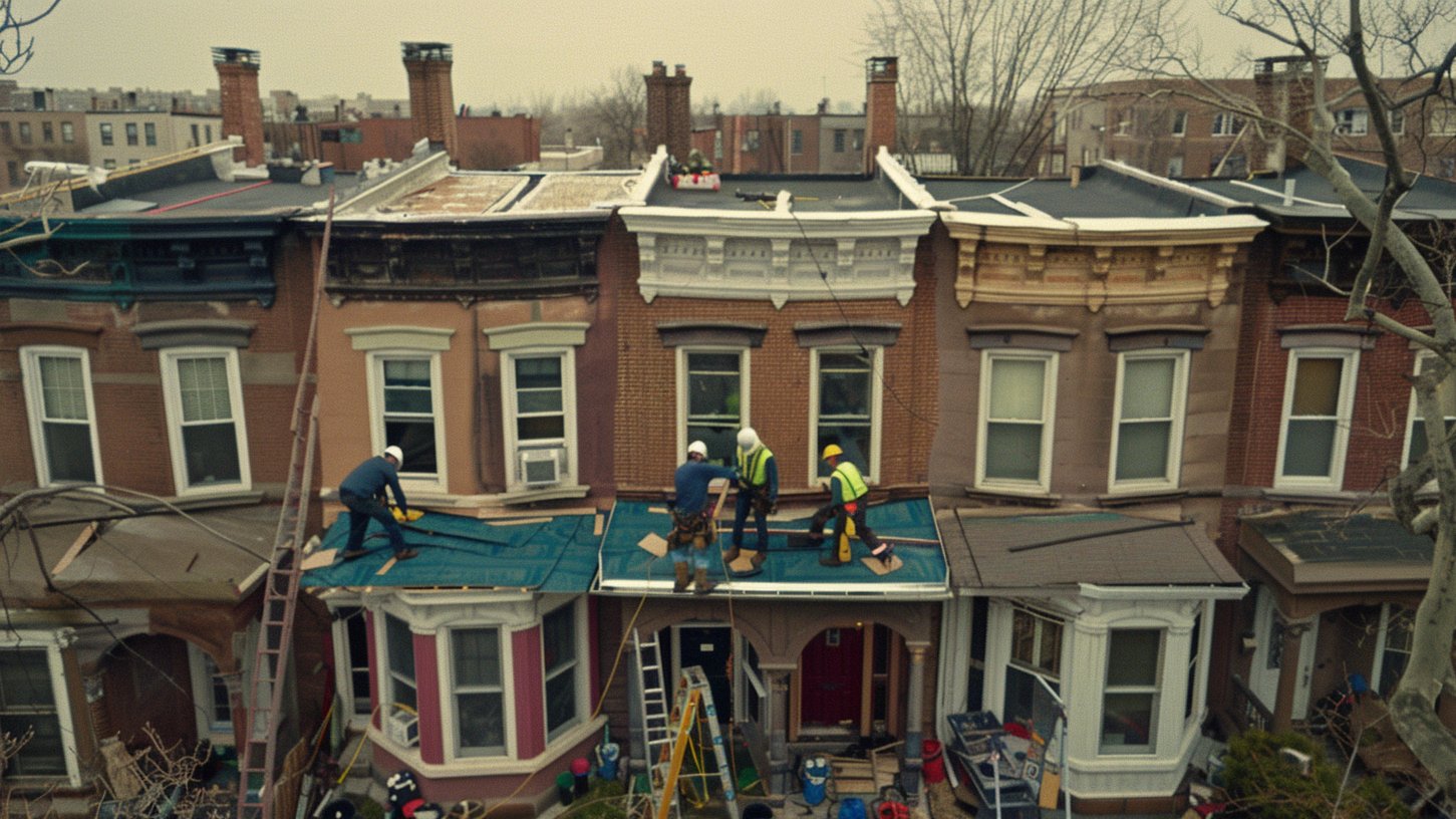 BST Roofers crew laying a new TPO membrane on a Brooklyn brownstone roof, with row-house rooftops behind