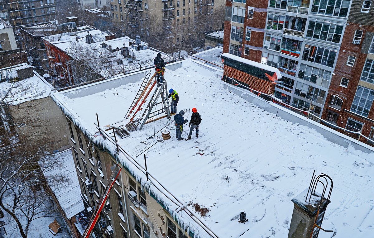Wide white TPO roof on a Brooklyn apartment building, with rooftop units and parapet walls
