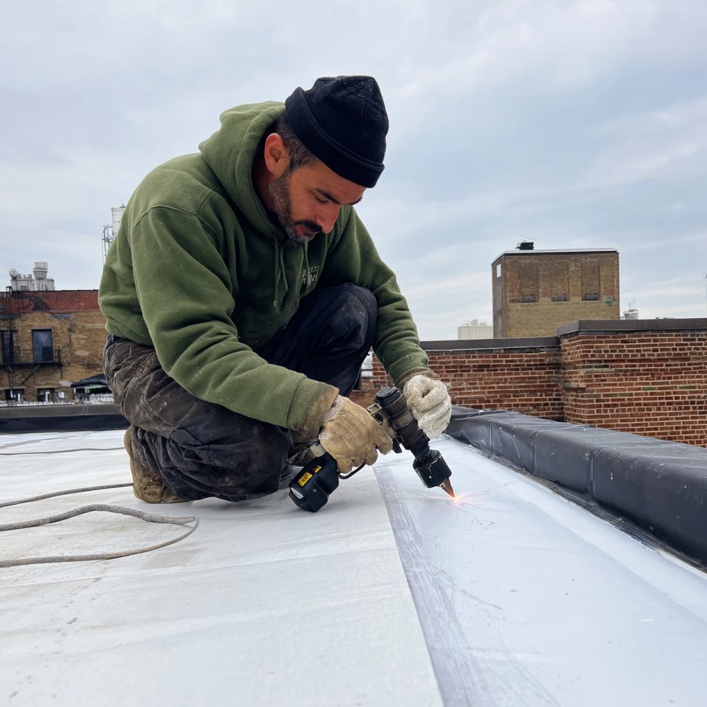 A roofer heat-welding the seams of a white TPO membrane on a Brooklyn flat roof