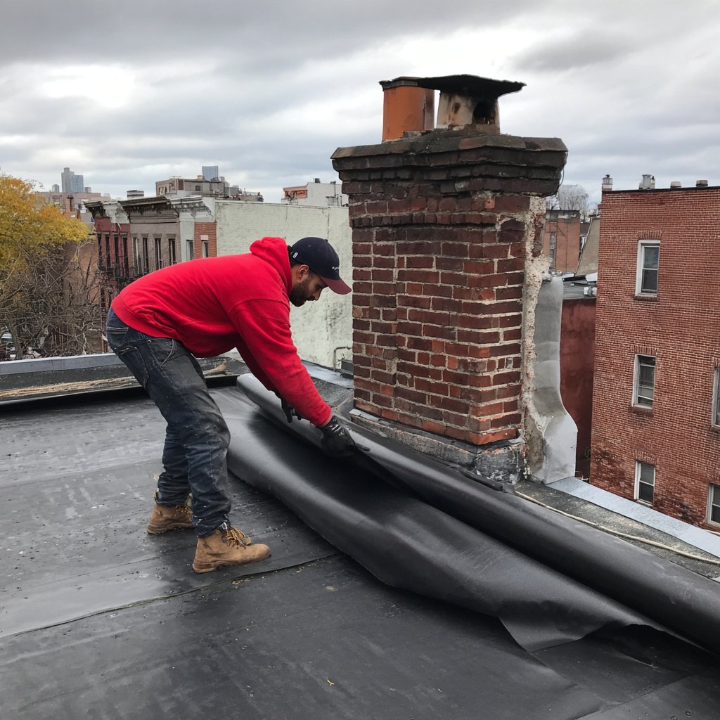Black EPDM rubber sheet being rolled out across a Brooklyn rowhouse roof