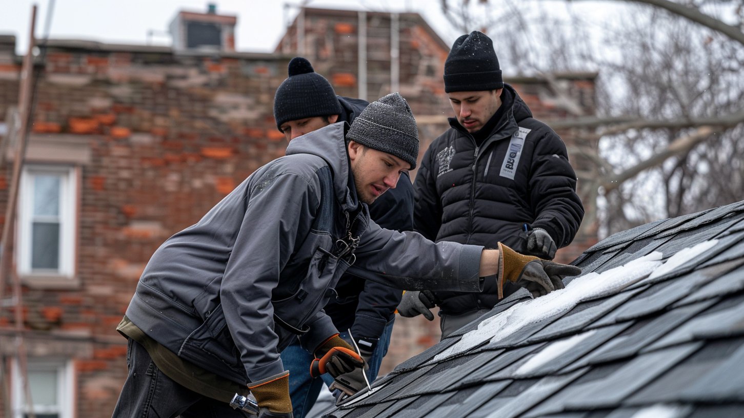 A Brooklyn slate roof with one slate missing, the gap showing between the courses
