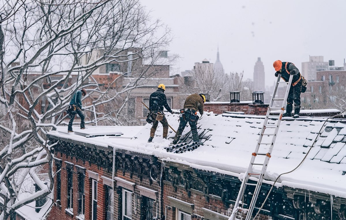 Slate roof courses seen from the street below a Brooklyn row house
