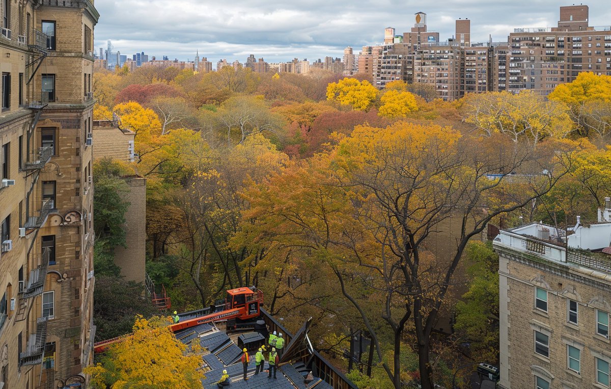 A BST Roofers crew member replacing a slate on a Brooklyn roof