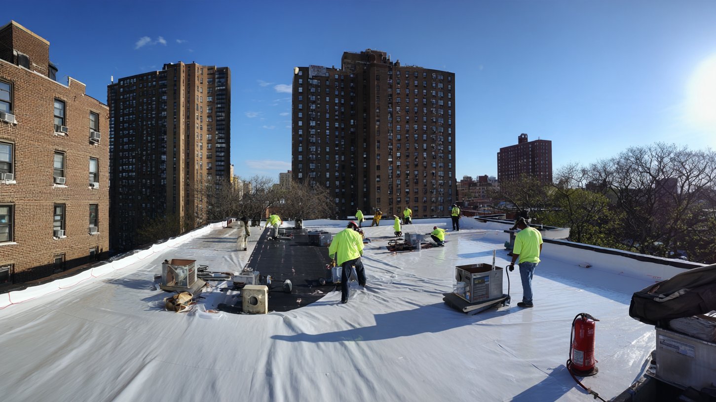 Crew rolling a white TPO membrane over an old modified bitumen roof on a Brooklyn flat roof