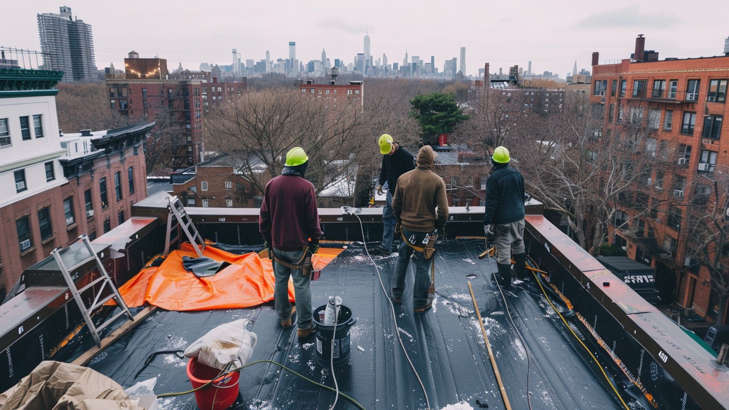 Flat EPDM rubber roof in Brooklyn being repaired by BST Roofers with a seamless liquid rubber coating over its seams and flashing