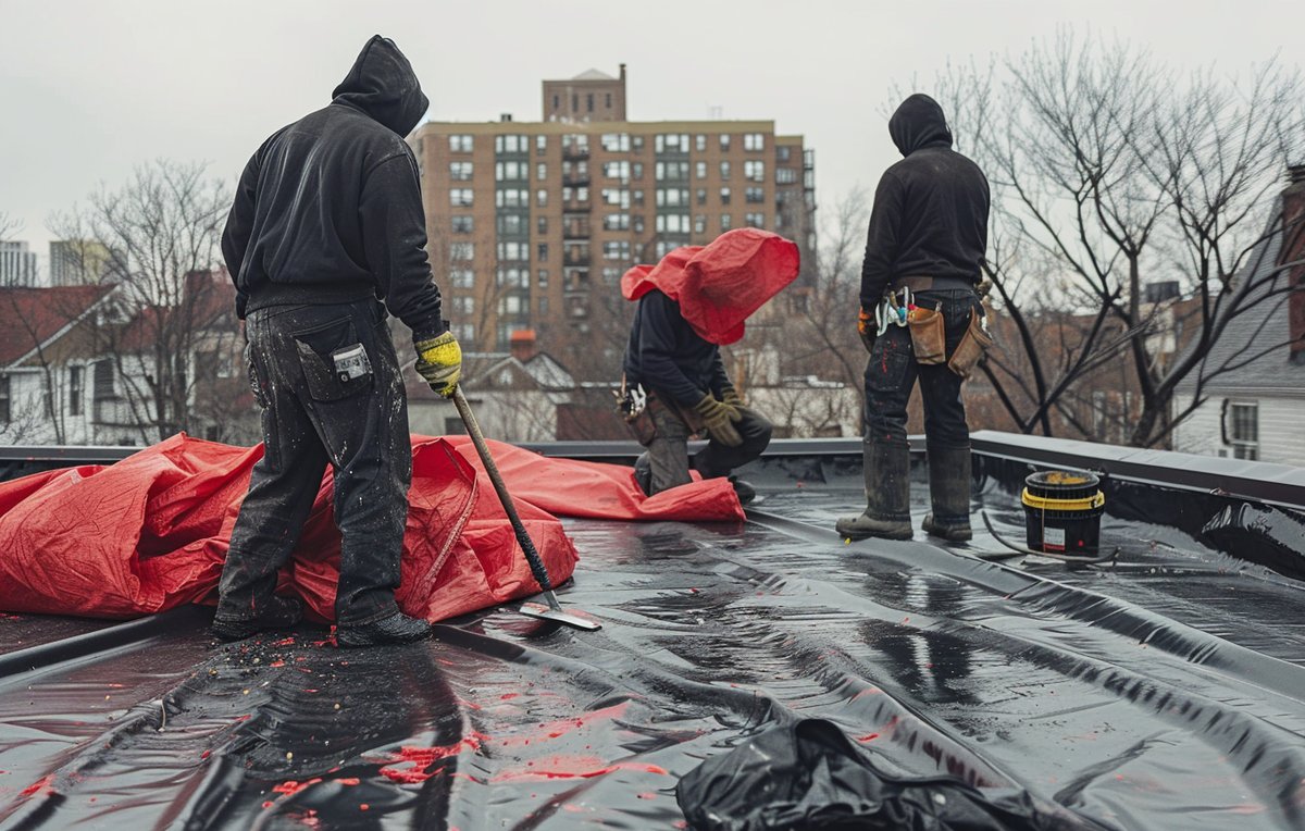 Close-up of liquid rubber coating brushed over a cracked EPDM seam on a Brooklyn flat roof