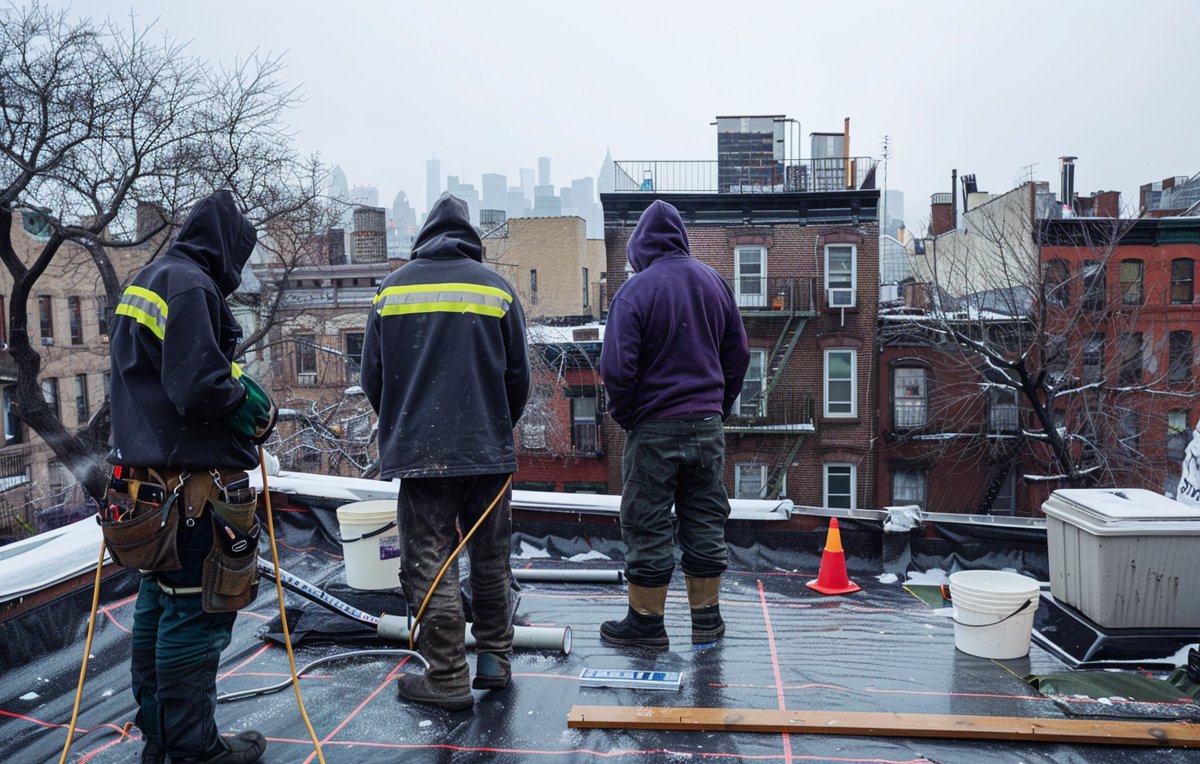 Brooklyn row-house rooftop with its EPDM membrane and parapet flashing repaired with liquid rubber
