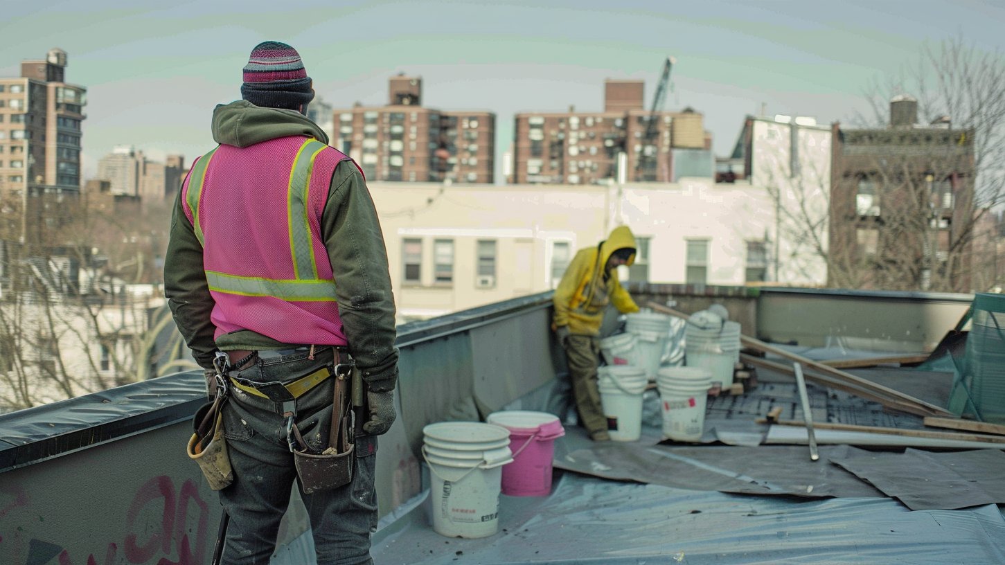 Brooklyn building with a flat low-slope roof and parapet edge, ready for a membrane and flashing repair by BST Roofers