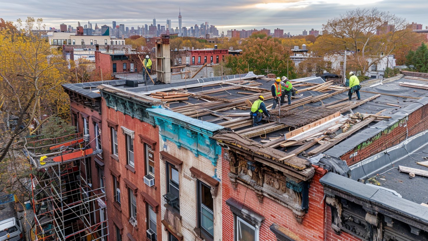 Crew tearing off an old membrane down to bare decking on a Brooklyn flat roof