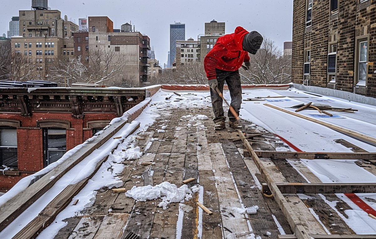 Old flat roof membrane torn off down to the bare deck on a Brooklyn building