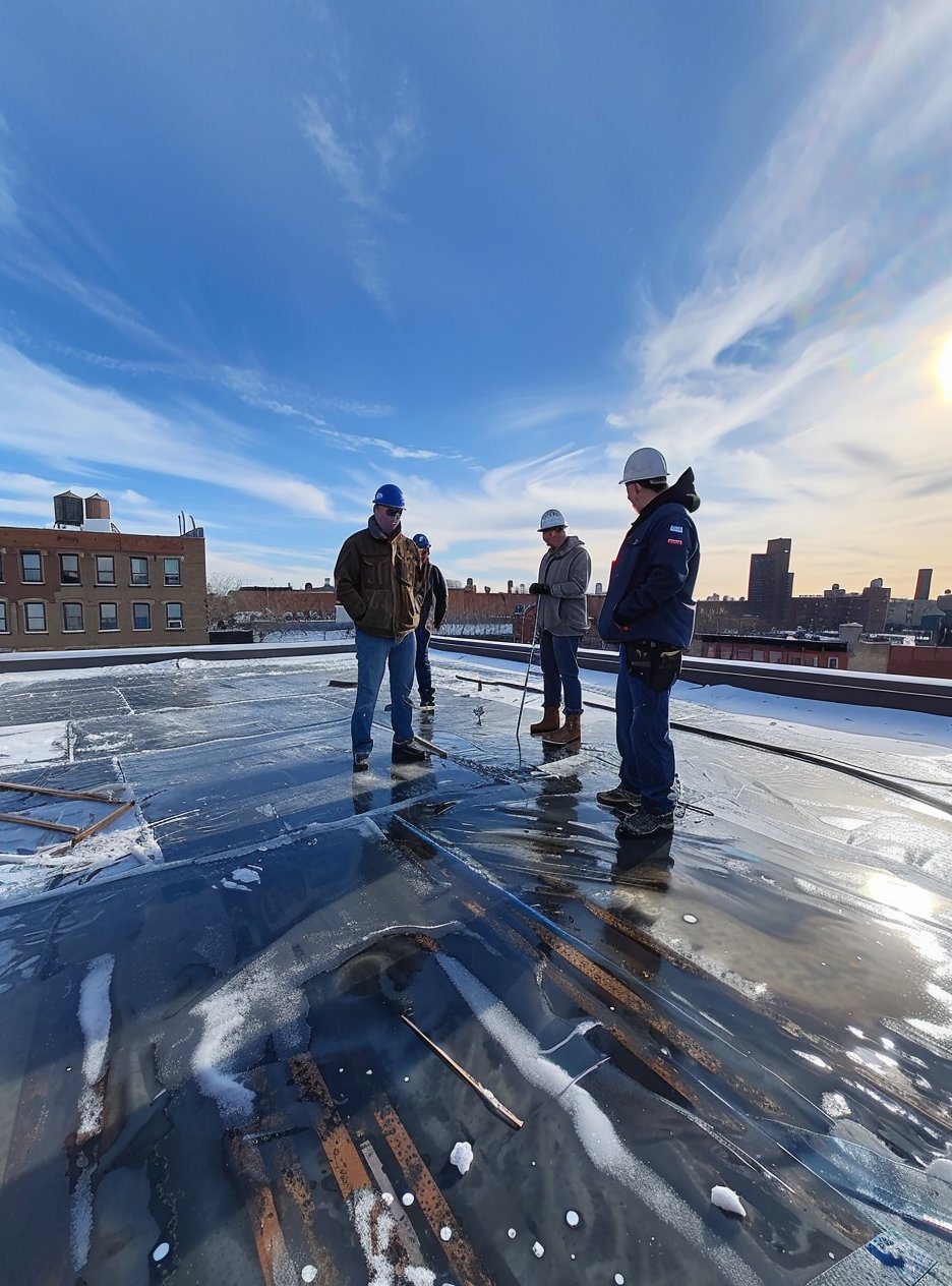 Water ponding on a Brooklyn flat roof with a soft, water-damaged deck beneath the membrane