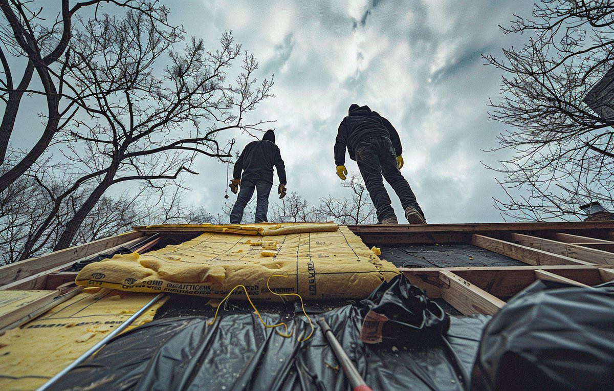 New insulation boards laid across an exposed deck during a low slope roof tear-off