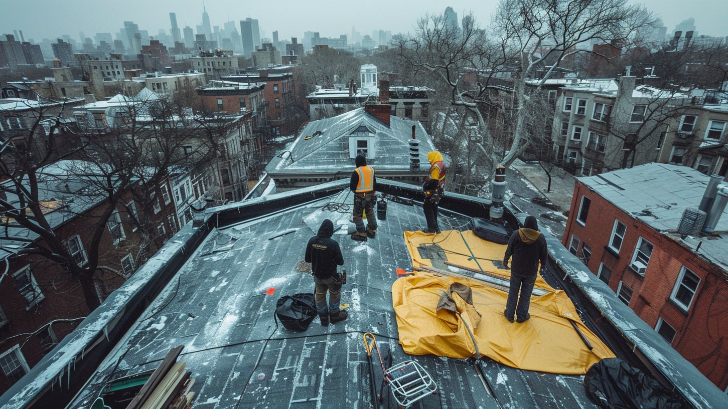 BST Roofers crew on a Brooklyn roof during a replacement, the job moving step by step