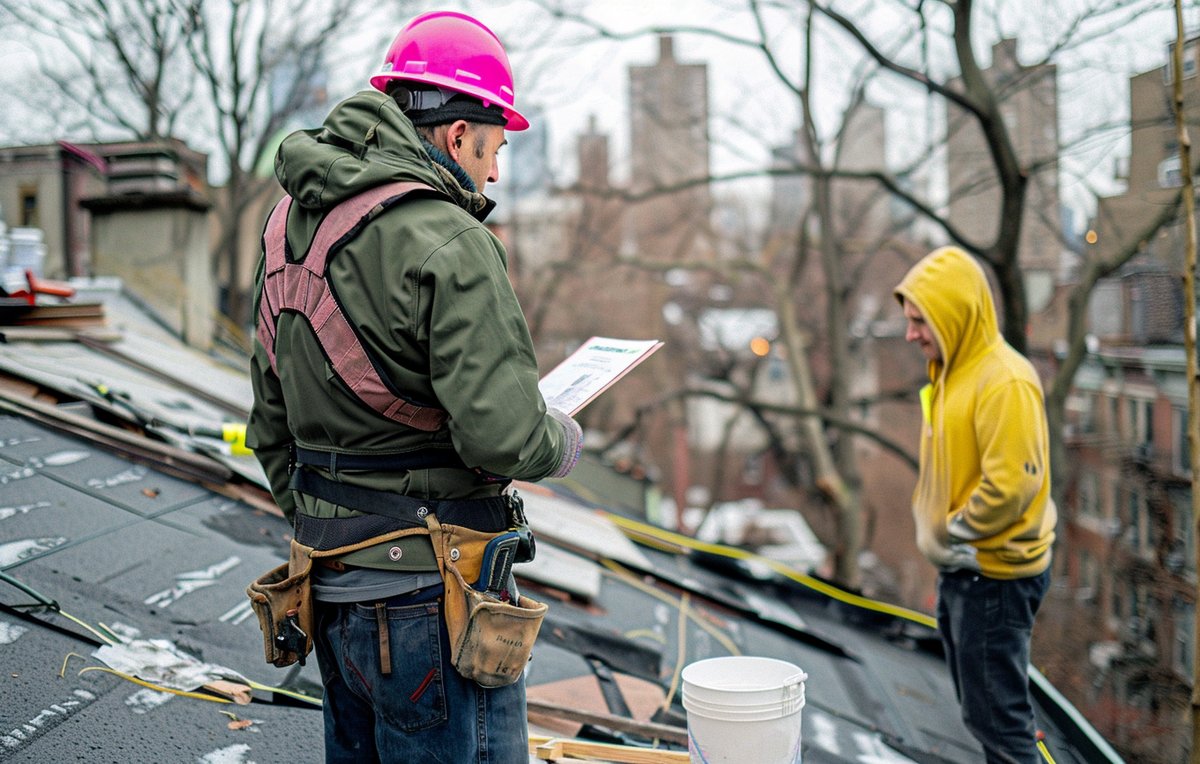 BST Roofers estimator walking a Brooklyn homeowner through a written roofing proposal