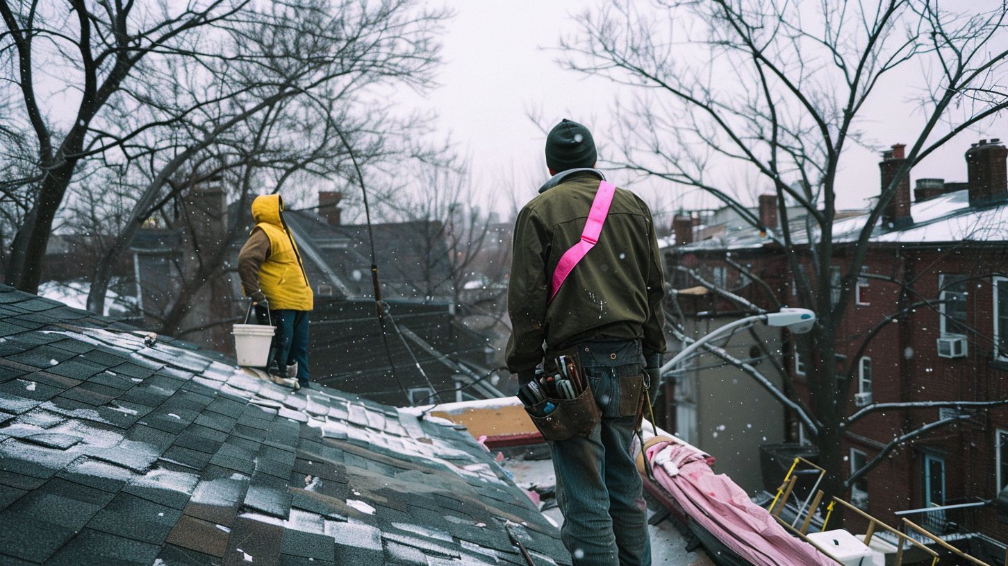 BST Roofers crew tarping a leaking roof on a Brooklyn home during a same-day emergency call