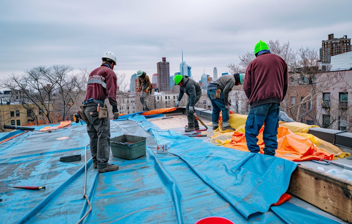 Blue emergency tarp secured over the damaged section of a Brooklyn roof after a leak