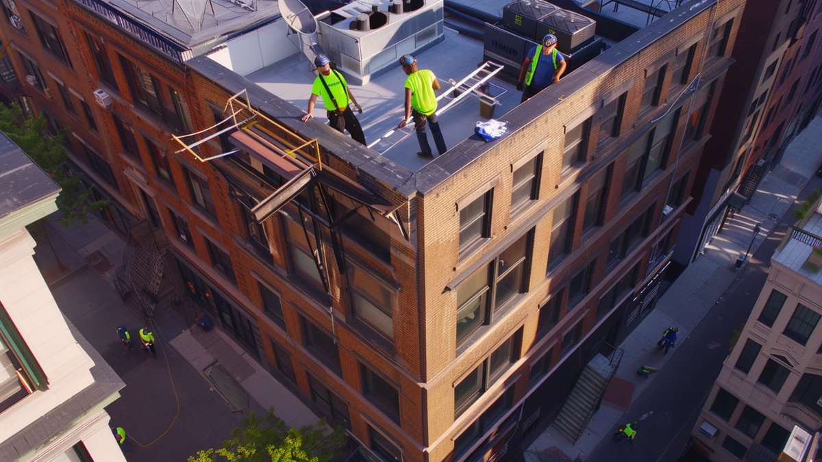 Brooklyn condominium building with roofers coordinating an emergency leak repair