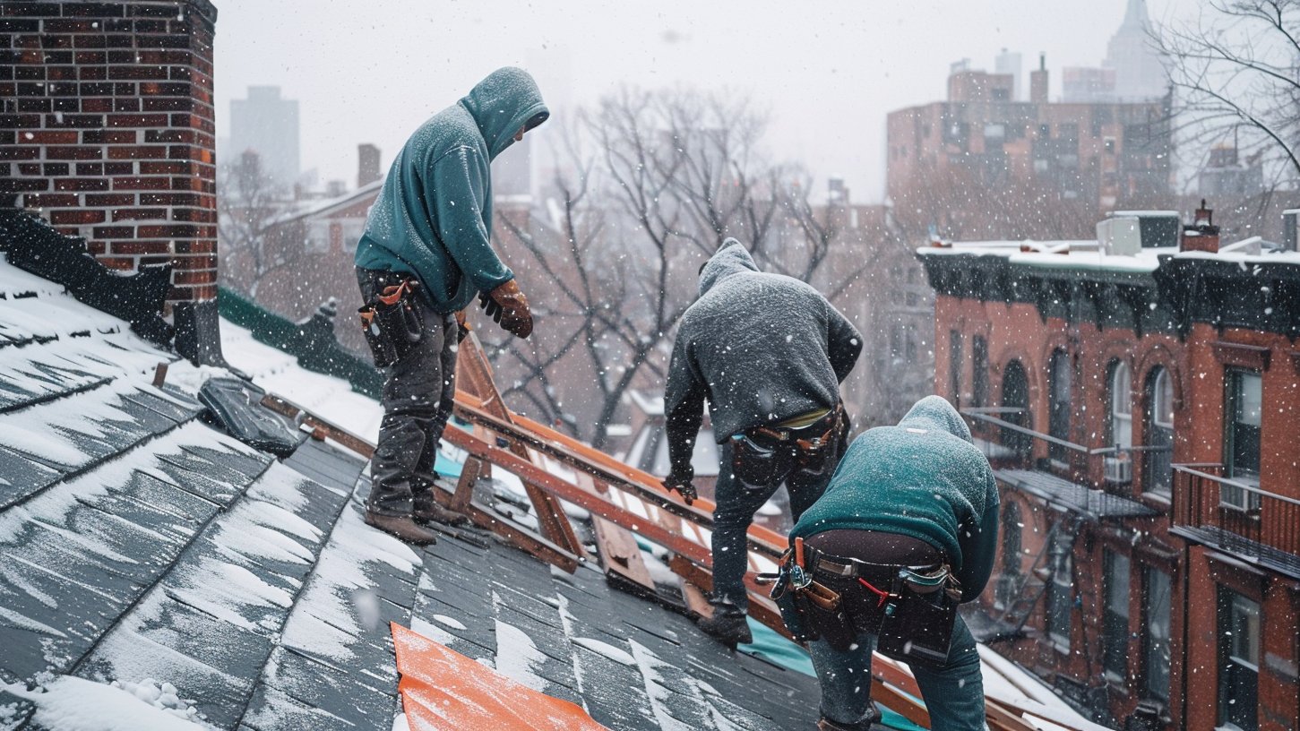 A finished natural slate roof on a Brooklyn rowhouse, the grey courses running evenly to a copper-flashed ridge