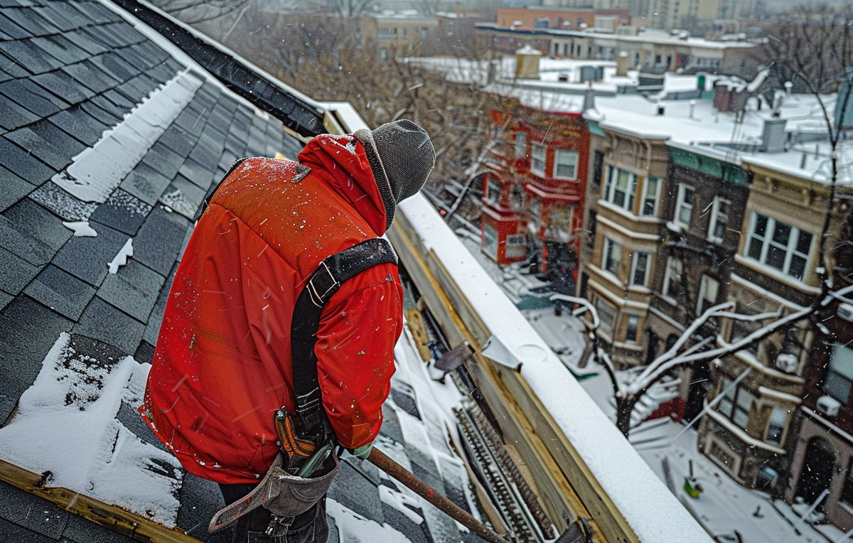 A roofer checking the rafters and roof deck of a Brooklyn house before new slate goes on