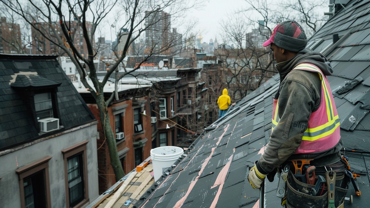 Slate roof with copper flashing on a Brooklyn rowhouse